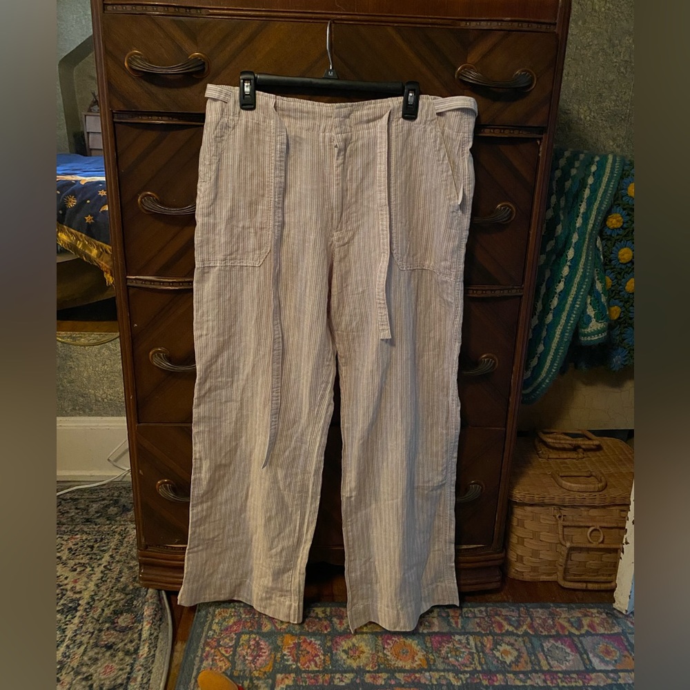 NWT Gap cotton linen blend pinstripe tan / white wide leg tie belt pants sz 16
